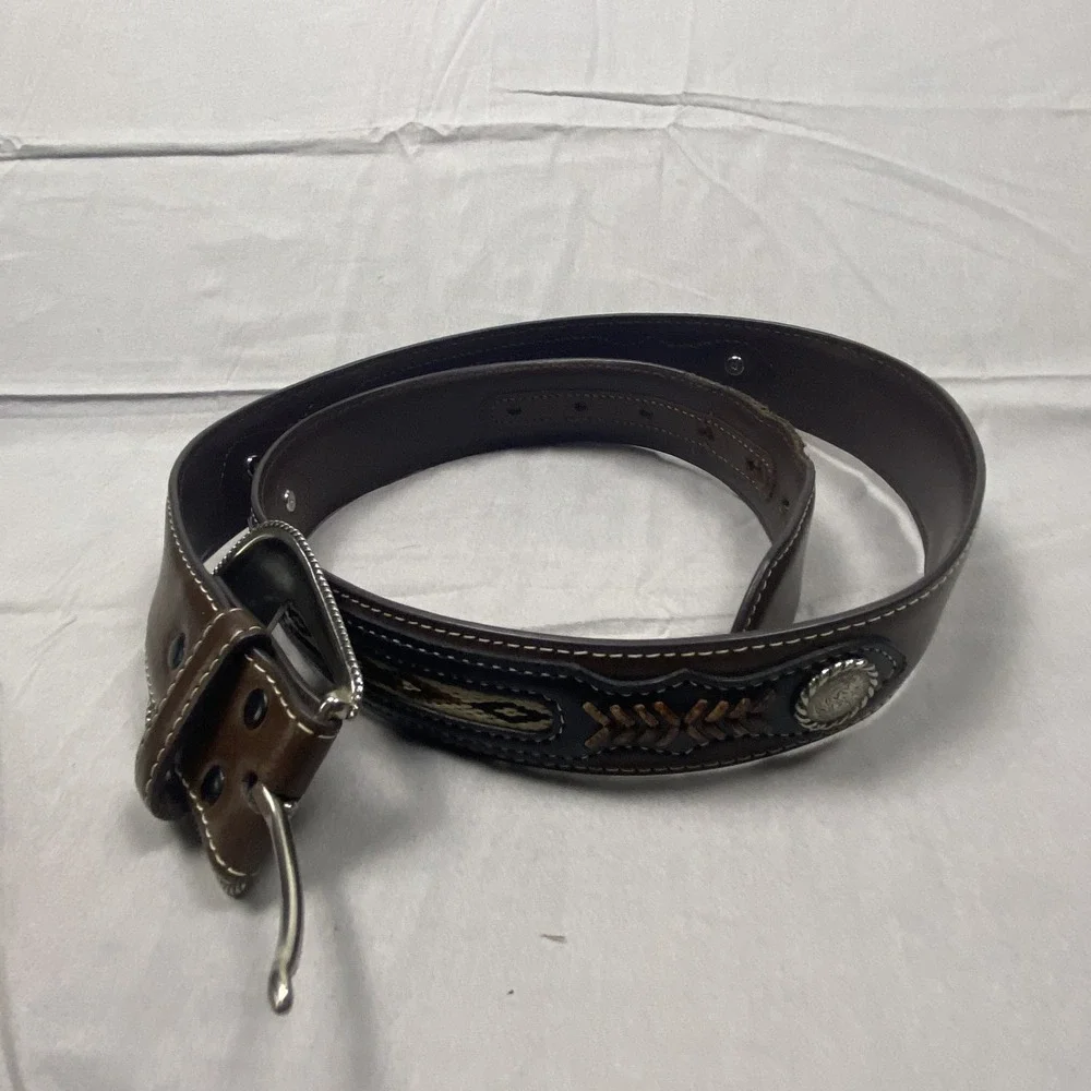 Western Tooled Genuine Leather Belt Men's Brown Engraved Buckle Cowboy 38 - 40 - Picture 4 of 15